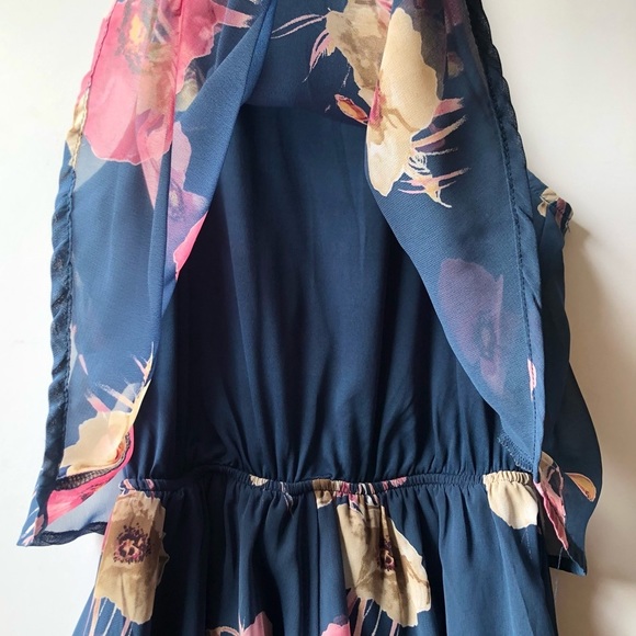 Peach Love California Blue Floral Print High Waisted Halter Neck Chiffon Romper - Picture 9 of 16